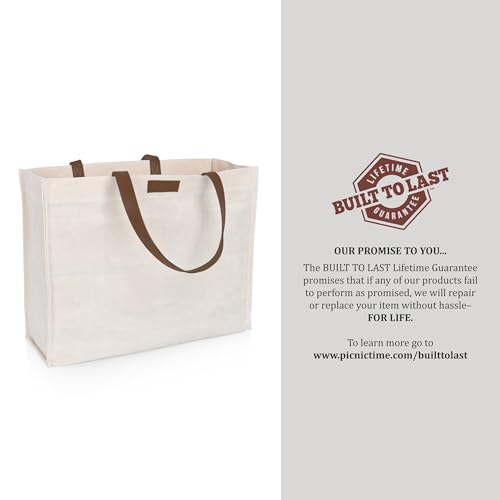 PICNIC TIME beige waxed canvas market tote with leatherette handles, reusable grocery bag for shopping and carrying essentials.