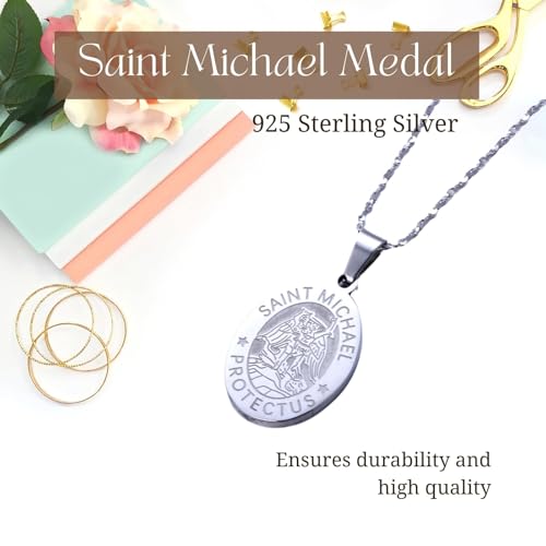 Halukakah 925 Sterling Silver Saint Michael Necklace Medal for Kids - Religious Jewelry Pendant Medallion with 18-Inch Chain - For Protection,Religious Occasions,Presents,Includes Bible Card & Giftbox