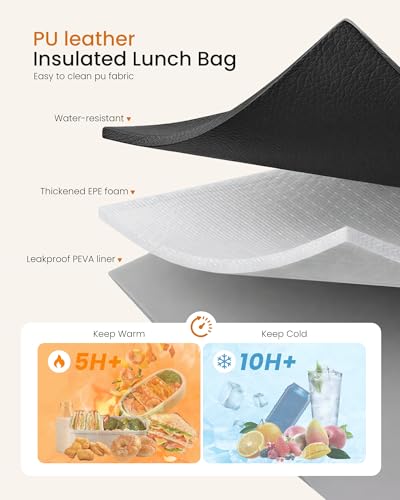 LOVEVOOK Lunch Bag for Women,2 in 1 PU Work Tote Bag with Lunch Compartment with Giant Tumbler Side Pocket, 15.6" Laptop Tote Bag with Padded Sleeve for Teacher,Nurse,College Black/Pinkish white/Dark amber 15.6 Inch