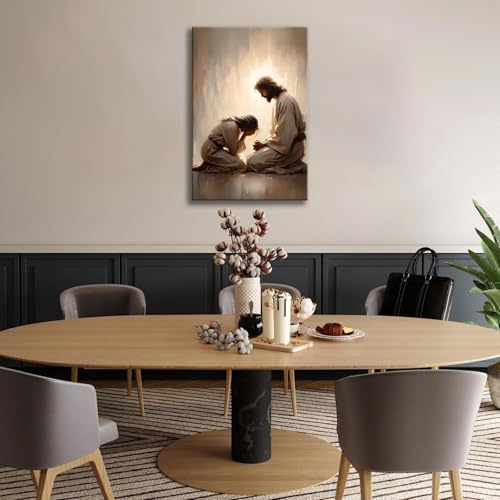 Framed Jesus Comforting Woman Canvas Print Wall Art Religious Canvas Print, Inspirational Christian Picture Spiritual Poster, Home Church Office Living Room Decor Ready to Hang 12x16 Inch Jesus heals 12x16in