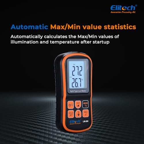 Elitech LM-200 digital light meter with LCD display, handheld illuminance meter and temperature measurement