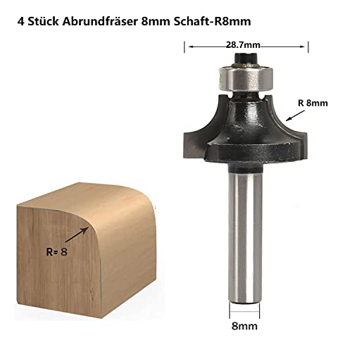 Rounding Cutter Set of 4 HW for Routers, Shaft 8 mm, R 3-4-5-8 mm | HW cutting and ball bearings for clean rounding. Ideal for solid wood, MDF, plywood and multiplex. 4-Piece Set