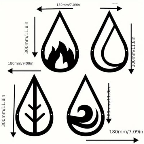 Four Elements Minimalist Wood Wall Art, 4 Pcs Nature Elements Symbol Wall Art, Wind, Water, Earth, Fire Vector Sign, Wooden Geometric Wall Decor for Living Room Bedroom Office, 11.8" x 7.09"