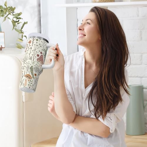 30 oz Tumbler with Straw & Handle - 2 in 1 Lids Leak Proof Tumblers - Large Insulated Stainless Steel Cup - BPA-Free Water Bottle Travel Metal Mug for Women Man, Cute Boho Mushroom Botanical Mushrooms Botanical Mushroom 30 Ounces