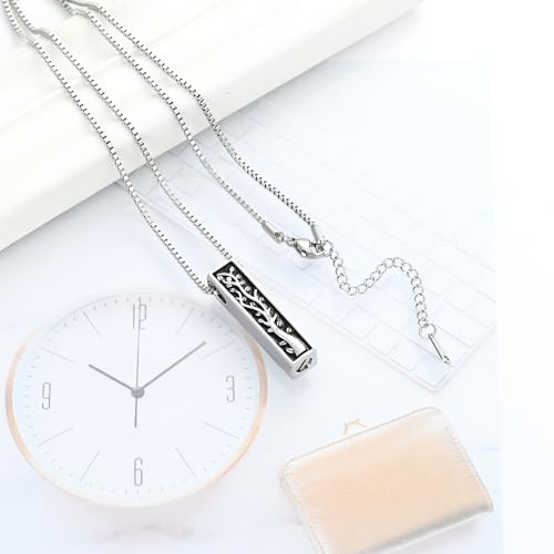 XSMZB Tree of Life Urn Necklace for Ashes for Men Women 3D Bar Cremation Jewelry Ashes Keepsake Pendant of Loved One Funeral Memory Jewelry Silver
