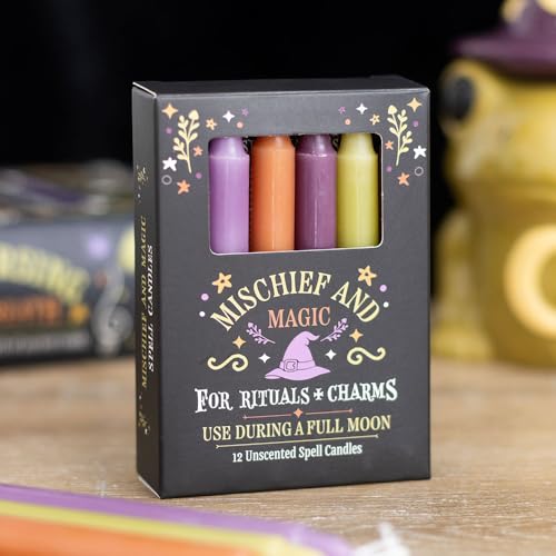 Mischief and Magic Spell Candles | Pack of 12 Unscented Ritual Candles | Witchy Halloween Decor | Coloured Candles for Rituals & Charms