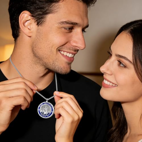 Catholic Saint Medal Necklace Religious Pendant Collection Saint Christopher Round - Silver Blue