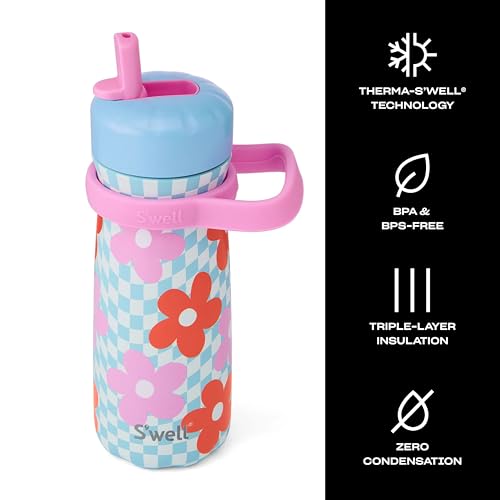 S'well Stainless Steel Kids Traveler with Flip Straw Lid, 16oz, Pink Petal, Triple Layered Vacuum Insulated Containers Keeps Drinks Cold for 24 Hours, BPA Free, Easy Carrying On the Go 16 Ounces