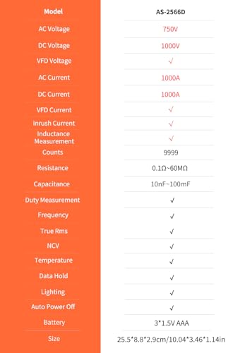 Inrush Digital Clamp Meter Multimeter 1000A TRMS 6000 Counts, Amp Voltage Tester with VFD, LOZ Mode Measures AC/DC Current Voltage Temperature Frequency Capacitance Resistance Continuity NCV