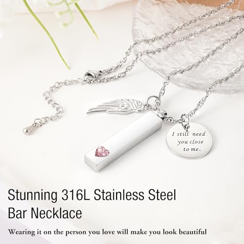 XIUDA Cremation Jewelry for Ashes with Angel Wing Charm Vertical Bar Urn Necklace Stainless Steel Memorial Keepsake Pendant for Women Silver