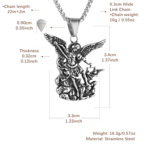 HZMAN Saint Michael Necklace, Stainless Steel St Michael the Archangel Pendant Amulet for Men Women Gift Silver