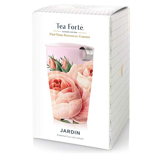 Tea Forte Double-Walled Ceramic Kati Cup, Removable Stainless Steel Infuser Basket and Lid, Steeps 12 oz Loose Leaf Tea, Dishwasher & Microwave Safe, Jardin
