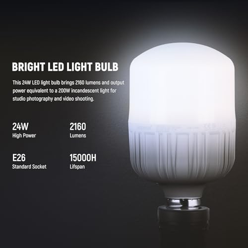 Neewer E26 24W LED Light Bulbs, 2 Packs, 2160 Lumens/5700K/CRI 93+/15000h Lifespan, Bright Video Photography Lighting, Silent/No Flicker/Non Dimmable 200W Incandescent Equivalent