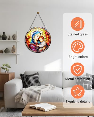 8” Round Stained Glass Suncatcher for Windows Hanging - Virgin Mary & Baby Jesus Design | Sun Catchers Indoor Window Decor & Christian & Catholic Wall Art, Religious Gift for Mother/Mom