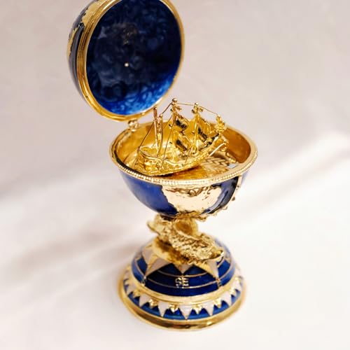 Blue and gold enameled decorative globe jewelry box with world map design, perfect for storing trinkets and jewelry.
