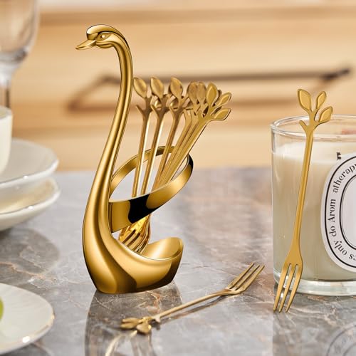 AnSaw Gold Swan Base Holder Set with 10-pcs Mini Leaf Dessert Forks-4.7"