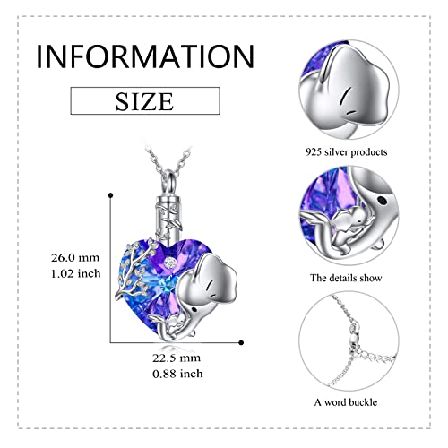 VONALA Elephant Urn Necklace for Ashes 925 Sterling Silver Heart Crystal Cremation Jewellery for Ashes Memorial Keepsake Jewellery Gifts for Women Mom