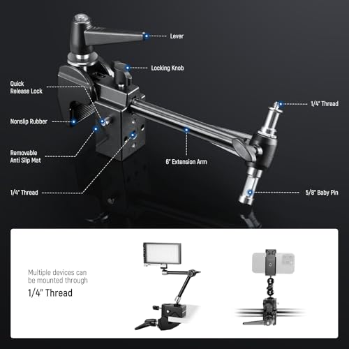 NEEWER Super Clamp with 6" Extension Arm, 5/8" Stud, 2.4" Jaw Grip UA048