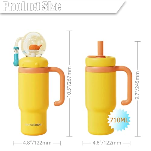24oz Whale Fountain Tumbler Water Bottle | Leakproof Sippy Cups for Adults and Kids | Stainless Steel Insulated Cup with Weighted Straw & 2 Lids Yellow