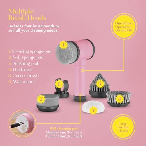 Swan x Lynsey TV's Queen of Clean 5-in-1 Cordless Spin Scrubber with 5 Cleaning Heads & Wall Holder, Rechargeable Scrubbing Brush, IPX5 Waterproof for Showers, Hobs & Tiles, Pink, SWFC1003QOCN