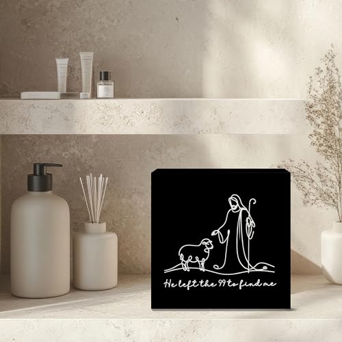 He Left the 99 to Find Me Christian Wooden Box Sign, Christian Gifts for Women Men, Jesus and Lamb Religious Bible Verse Wood Block Sign for Home Office Desk Shelf Table Decor, 5x5 Inch white -R