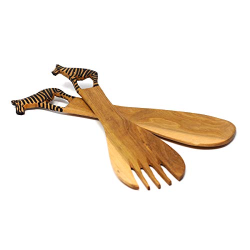 Global Crafts Hand Carved Mhugu Zebra Salad Serving Set - Wood Flatware, Set of 2