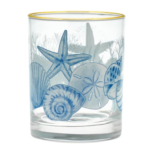 Culver 22k Gold Rim Blue Coastal Beach Shells DOF Double Old-Fashioned Glasses, 13.5-Ounce, Gift Boxed Set of 2