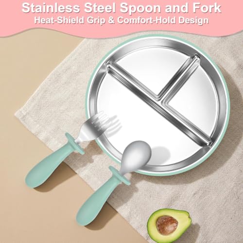 Bella's Friends Life Baby Feeding Set, 2 Pack Stainless Steel Divided Plate with Silicone Suction, 2 Set Spoons and Forks, BPA Free, Dishwasher Safe, Baby Led Weaning Supplies, Toddler Utensils beige, green 8 Inch