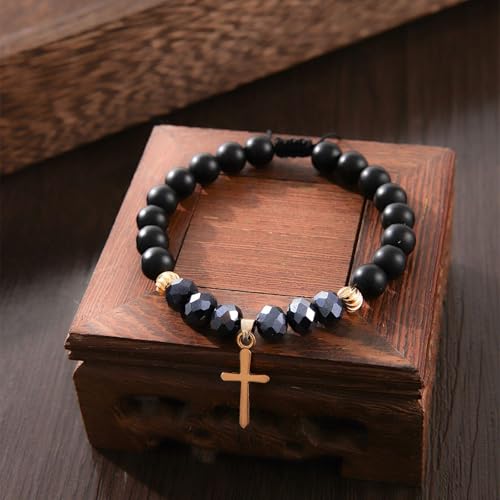 YANCHUN Cross Beaded Bracelet for Men Mens Cross Charm Bracelets Adjustable Jesus Faith Religious Easter Catholic Communion Baptism Christmas Jewelry Gift for Men A1