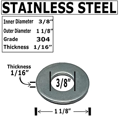 3/8" x 1 1/8" OD - Stainless Steel Round Flat Washers - 304 Stainless Steel 18-8 - Corrosion Resistant - 3/8" Bolt Washer - BRAUNY BOY HARDWARE (25) 25