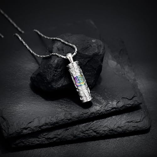 Rose Flower Urn Necklace Cylinder Bar Urn Necklace for Ashes Pendant Necklace Keepsake for Ashes Memory Keepsake Cremation Jewelry for Women Memorial Rainbow
