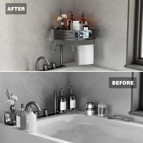 NOETICUS Corner Shower Caddy, 2 Pack Aluminum Alloy Shower Shelves with Adhesive Stickers, No Drilling, Removable Organizer with Towel Bar & Hooks