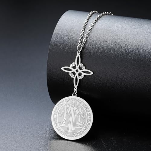 TEAMER Saint Benedict Witch Knot Pendant Necklace Double Protection St. Benedict Necklace Jesus Cross Religious Catholic Amulet Jewelry Silver No Chain