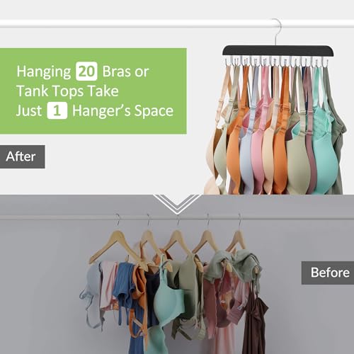 Bra Hanger for Closet, Tank Top Hanger 20 Hooks Capacity Sturdy Wood Space Saving Hanger Sport Bras Holder, Closet Organizers and Storage, Black 3 Pack