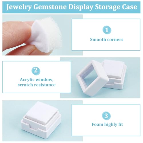 BENECREAT 70Psc White Gemstone Display Box, 0.78x0.78x0.63Inch Plastic Transparent Bare Stone Box Square Gem Box with Clear Top Lids for Gems Jewelry Packing jewelrystorage