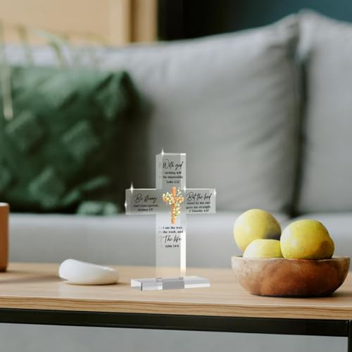 Christian Decor Religious Gifts For Women Motivation Desk Decor Inspirational Gifts Religious Acrylic Cross Sign for Home Office Living Room Tabletop With God Nothing Will Be Impossible