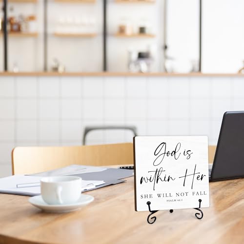 God Is Within Her She Will Not Fall - Rustic Wooden Sign with Metal Stand - 5'' Bible Verse Wooden Plaque - Christian Religious Gift for Women Men - Farmhouse Home Office Tabletop Shelf Decor - B03 God