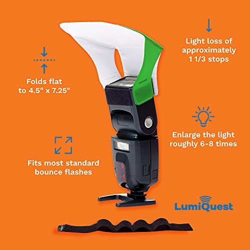 LumiQuest Flash Pocket Bouncer, Flash Diffuser with UltraStrap, Universal Classic Design for External Camera Flashes, Photography Lighting, Light for Pictures, Studio Lights, Neon Green