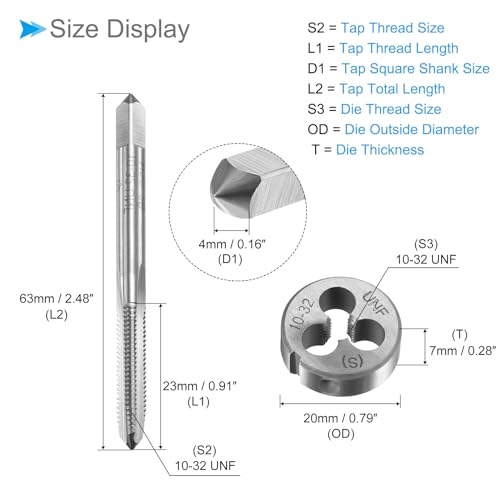Tap & Die Set 10-32 UNF Die & 11mm-20mm OD / M3-M4 Die High Speed Steel Tap and Wrench Set | 11mm-20mm outer diameter, high-speed steel, M3-M4 die, tap and wrench set