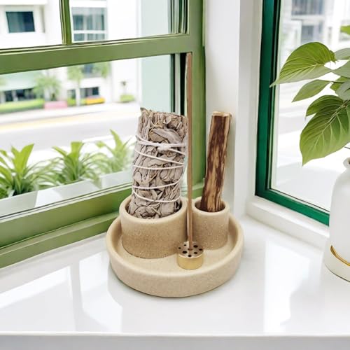 4 in 1 Incense Holder, Ceramic Incense Stick and Palo Santo Holder,Sage Holder for Burning- 4.25" Ceramic Ash Catcher Tray for Meditation and Yoga Room (Sand) Sand