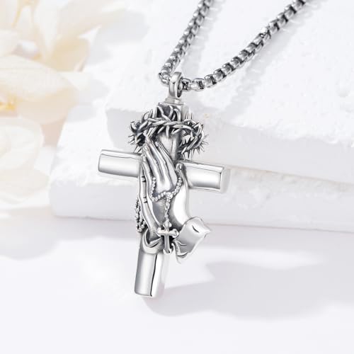 PROESS Praying Hands/Angel/Sword Wings Cross Necklace 925 Sterling Silver Cross Pendant Cremation Jewelry Religious Gifts for Men Christian 3-Cross urn necklace