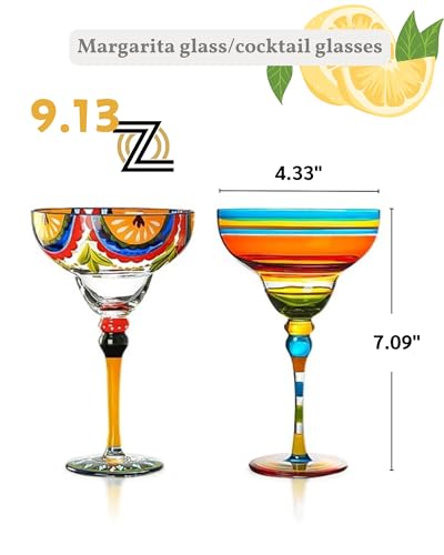JanYoo Hand Painted Margarita Glasses, Set of 2 Cocktail Cups Champagne Glass Decorations for Cinco de Mayo Parties, Dessert Champagne Glasses Margarita Gifts for Tropical Party Supplies(9 oz) 1-Orange + Colourful Stripes