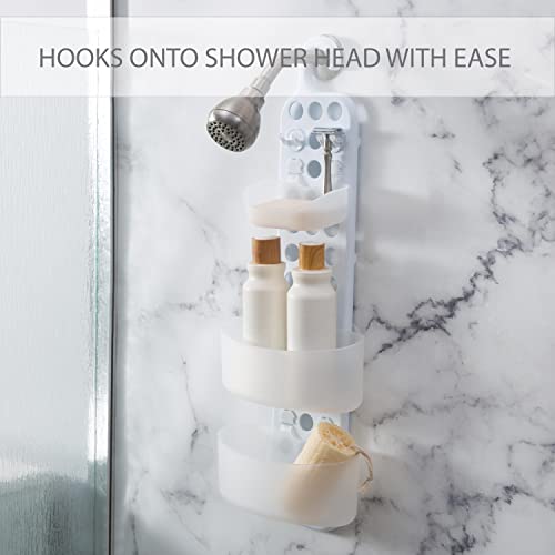 Bath Bliss 3 Tier Adjustable Shelves Shower Caddy | Bathroom Organization | Razor Hooks | Customizable Shelf | Soap Dish | Holds Large Bottles | White