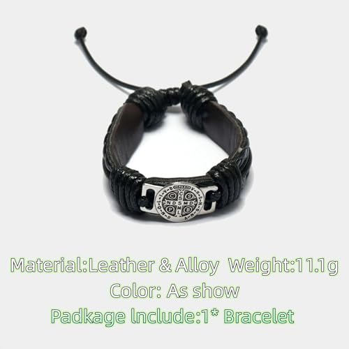 Men's Leather Bracelet with Saint Benedict Protection Symbol, Black Vintage Handmade Braided Leather Bracelets, Adjustable Religious Wristband Accessory