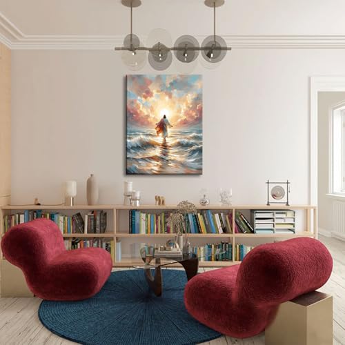 Jesus Walking on Water Canvas Wall Art Jesus Back Waters Reflection Sunset Glow Pink Gold Tones Wall Decor Pictures Christian Bible Stories Poster Prints for Living Room Church Home Decoration 16x24in 24"L x 16"W