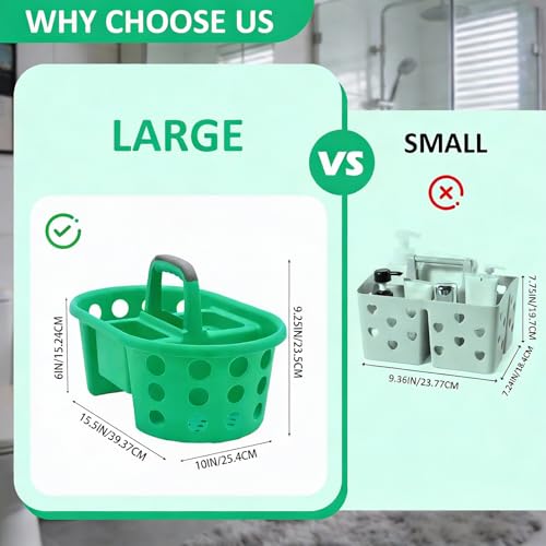 SIMPLYKLEEN Large Shower Caddy Portable 2PC - Made in USA Plastic Jumbo Size Dorm Storage Candy Tote with Handle Shower Organizer for Bathroom, Pantry, Kitchen, College Dorm, Green