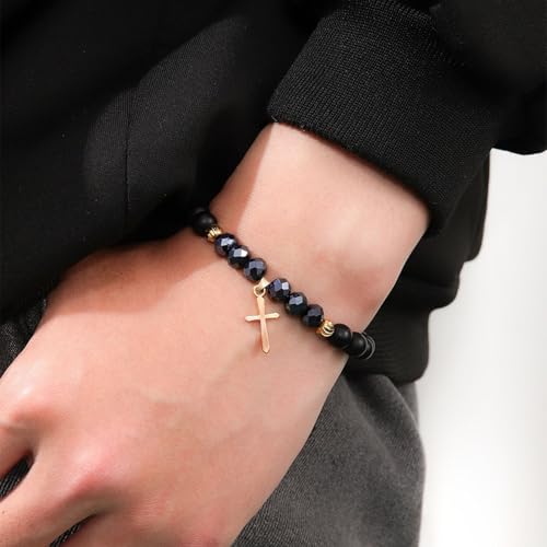 YANCHUN Cross Beaded Bracelet for Men Mens Cross Charm Bracelets Adjustable Jesus Faith Religious Easter Catholic Communion Baptism Christmas Jewelry Gift for Men A1