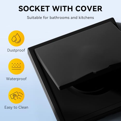 Flush-mounted EU standard built-in Schuko socket with waterproof cover, wall socket, 16 amp, with PC frame, 80 x 80 mm, socket with claws, 1 socket, black, 1 gang with waterproof cover