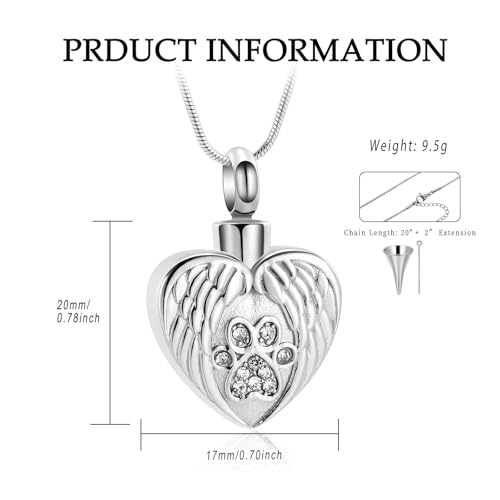 Cremation Jewelry Urn Necklace for Ashes for Pet Dog Paw Print Angel Wing Heart Urn Locket Pendant for Dog/Cat (Silver) Silver