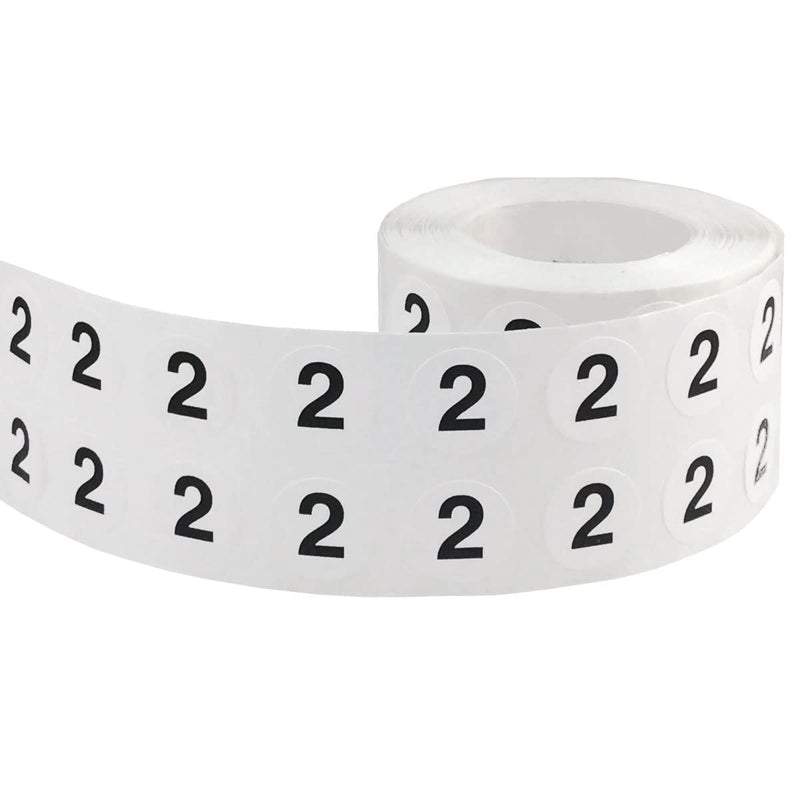 1/2" Inch Number 2 Stickers, Semi-Gloss White Round Labels with Black Text, 1000 Labels on a Roll, Perfect for Home Organization and Office Management, Permanent Adhesive # 2